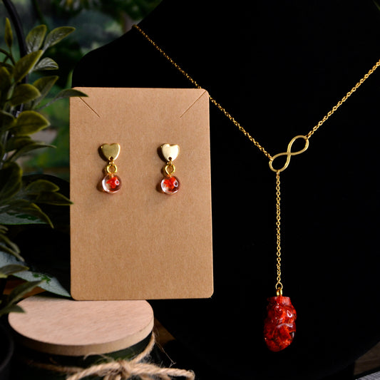 Komplet biżuterii serce anatomiczne z czerwoną gipsówką - kolor złoty