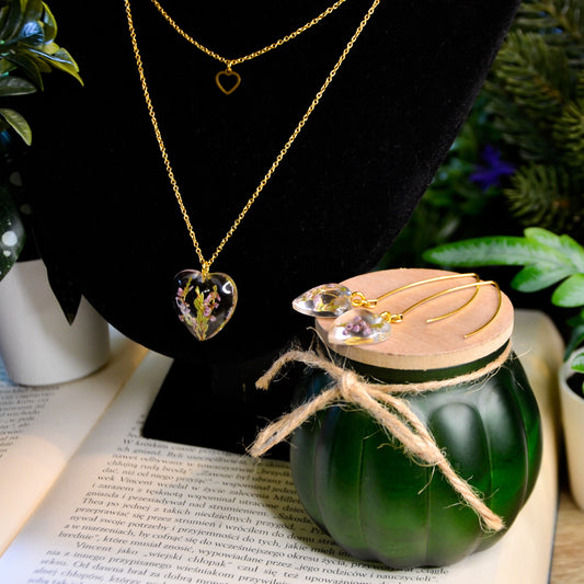 Komplet biżuterii "serce" z wrzosami - kolor złoty